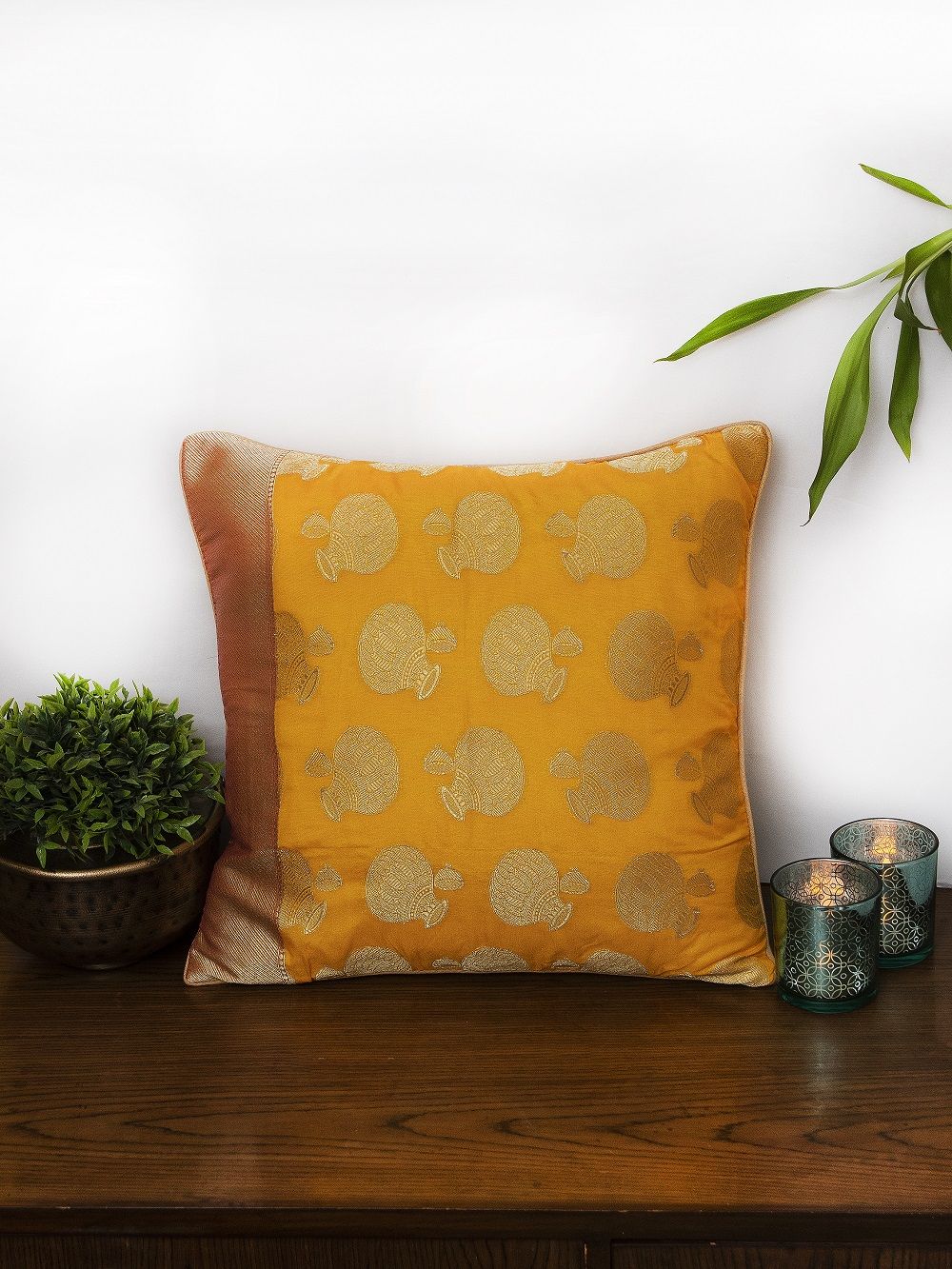 Yellow Brocade  Banarasi Cushion Cover - Size 16 x 16 Inch