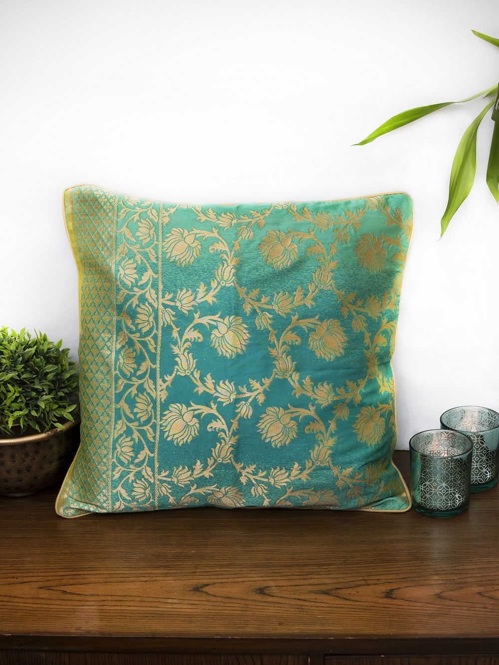 Blue Brocade  Banarasi Cushion Cover - Size 16 x 16 Inch