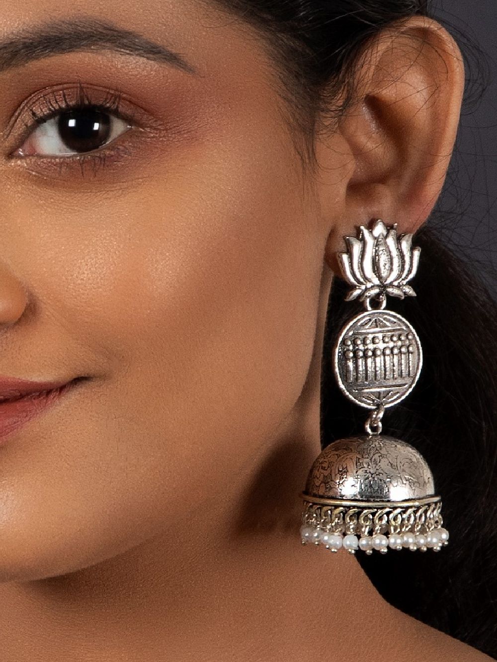 Handcrafted Silver Tone Brass Lotus Jhumka