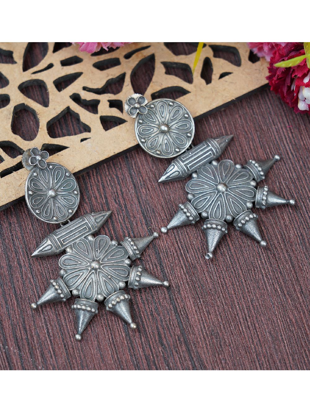 Tribal Silver Tone Brass Earrings