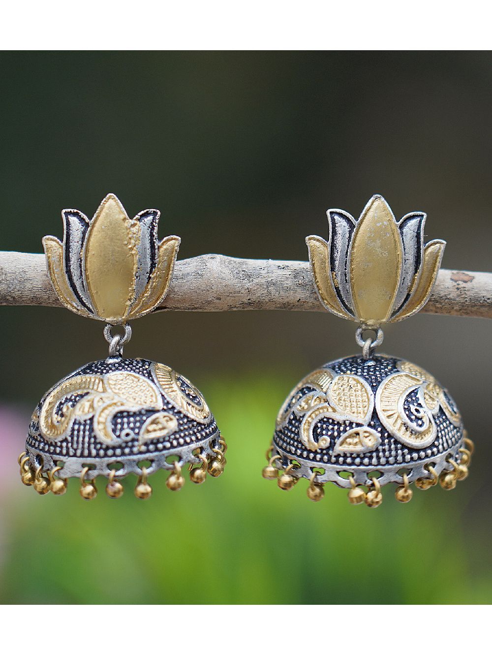 Handcrafted Dual Tone Brass Lotus  Jhumka