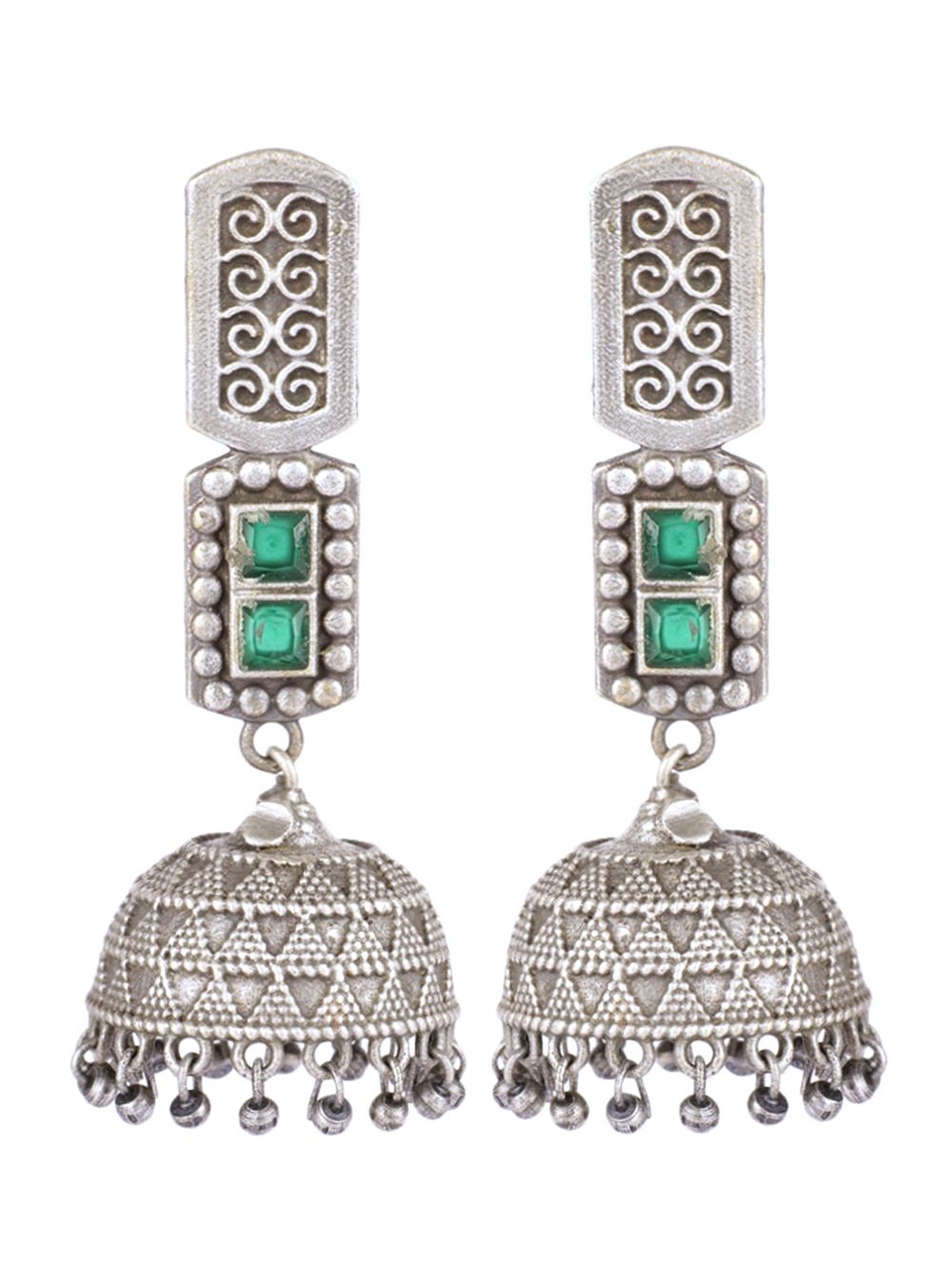 Green Handcrafted  Silver Tone Brass Jhumki