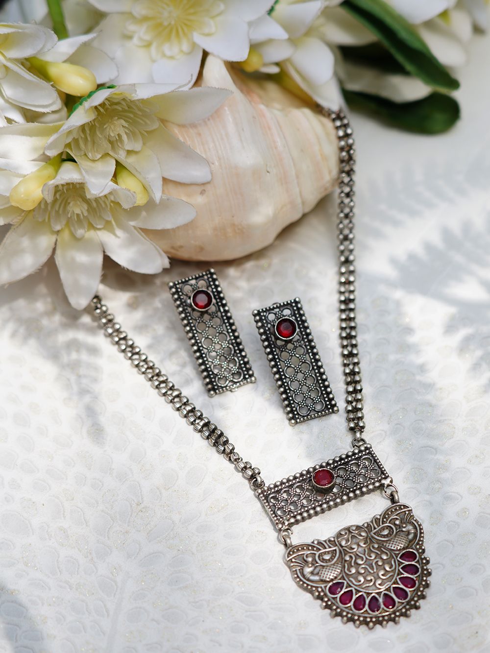 Long Pattern Silver Tone Brass Set Of Necklace & Earrings ( Set of 2)