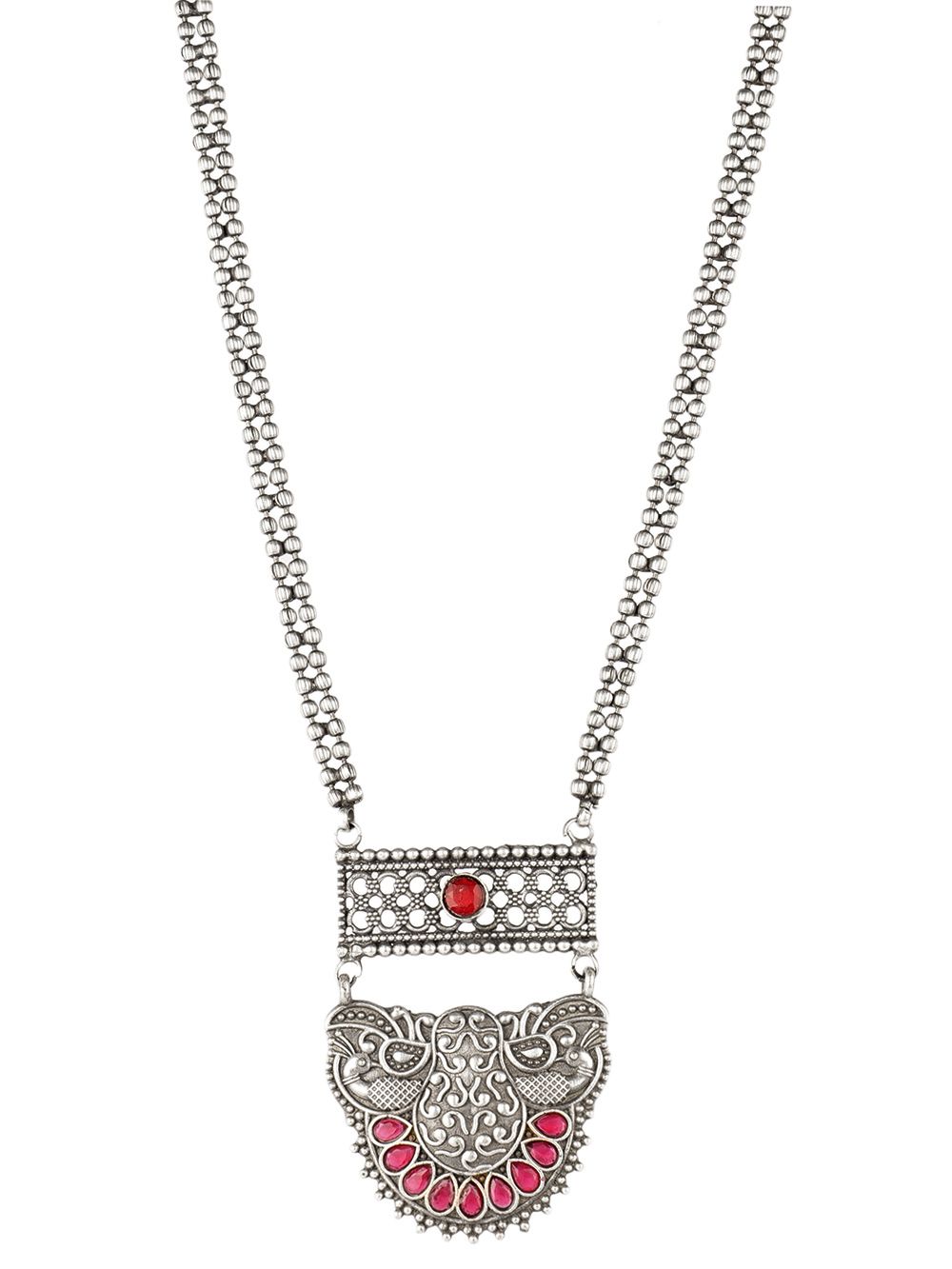 Long Pattern Silver Tone Brass Set Of Necklace & Earrings ( Set of 2)