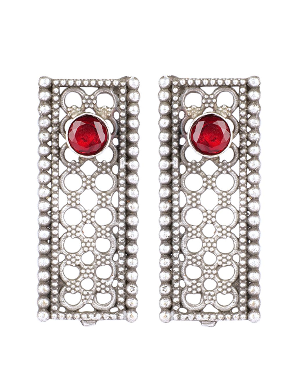 Long Pattern Silver Tone Brass Set Of Necklace & Earrings ( Set of 2)