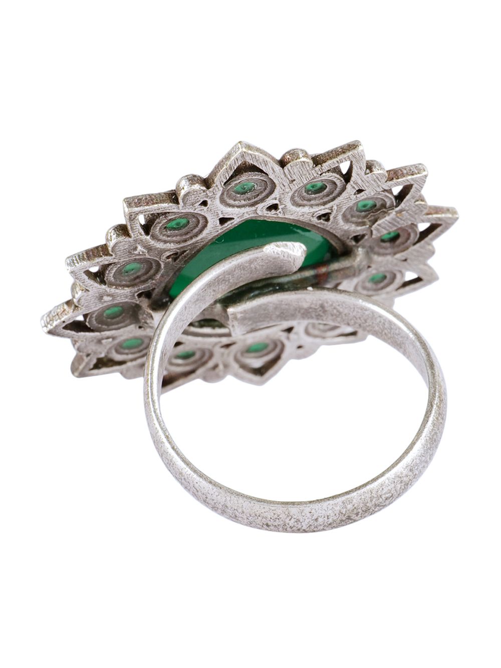 Green Silver Tone Tribal Brass adjustable Ring