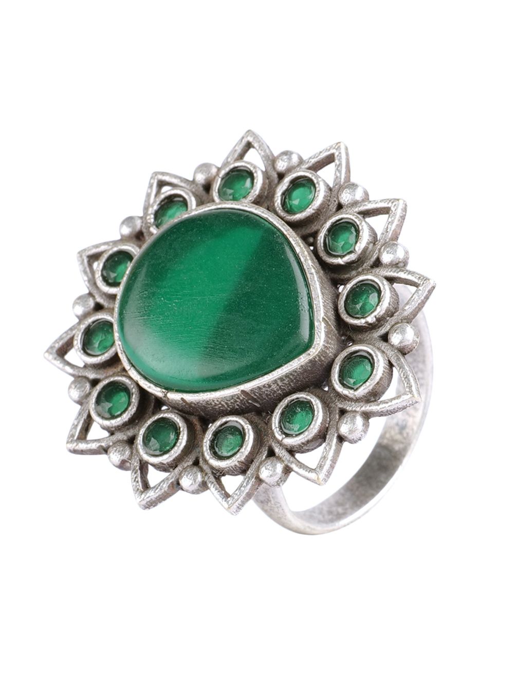 Green Silver Tone Tribal Brass adjustable Ring
