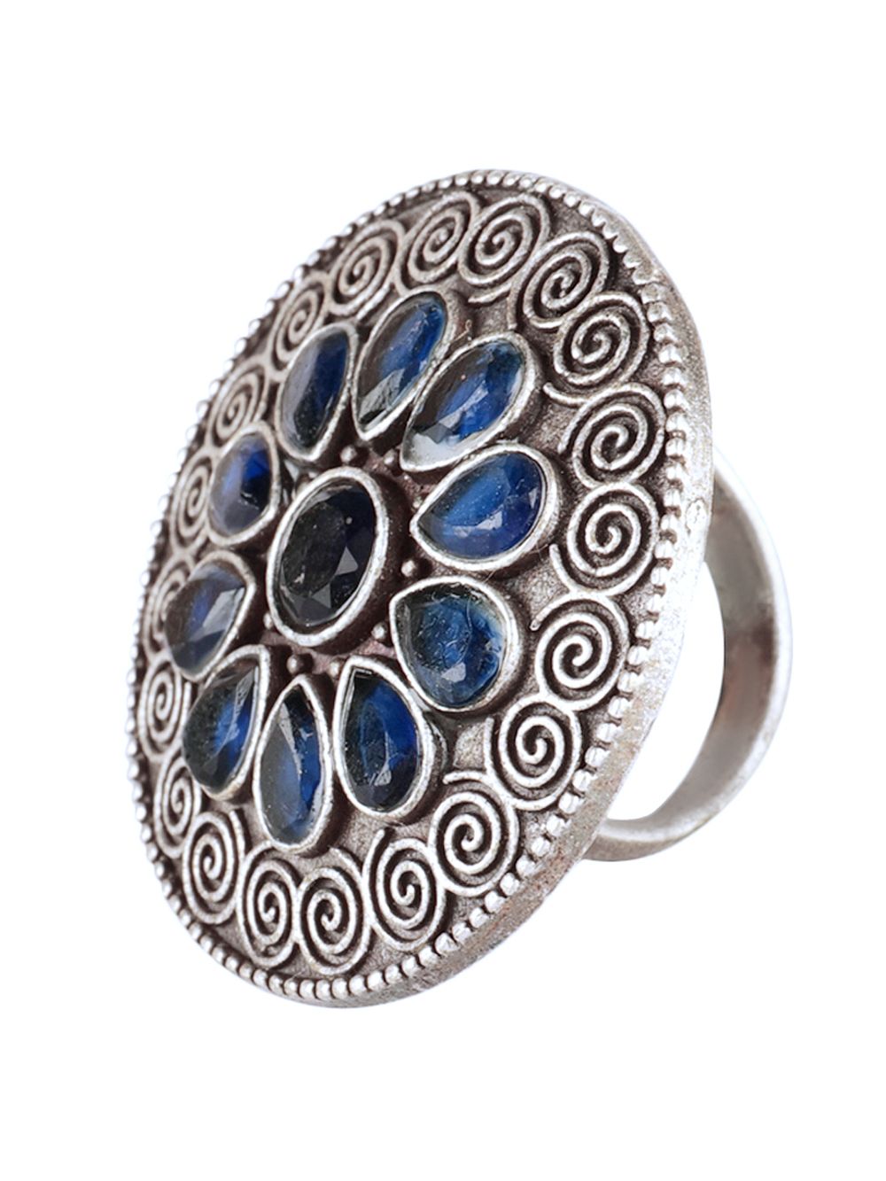 Blue Silver Tone Tribal Brass adjustable Ring