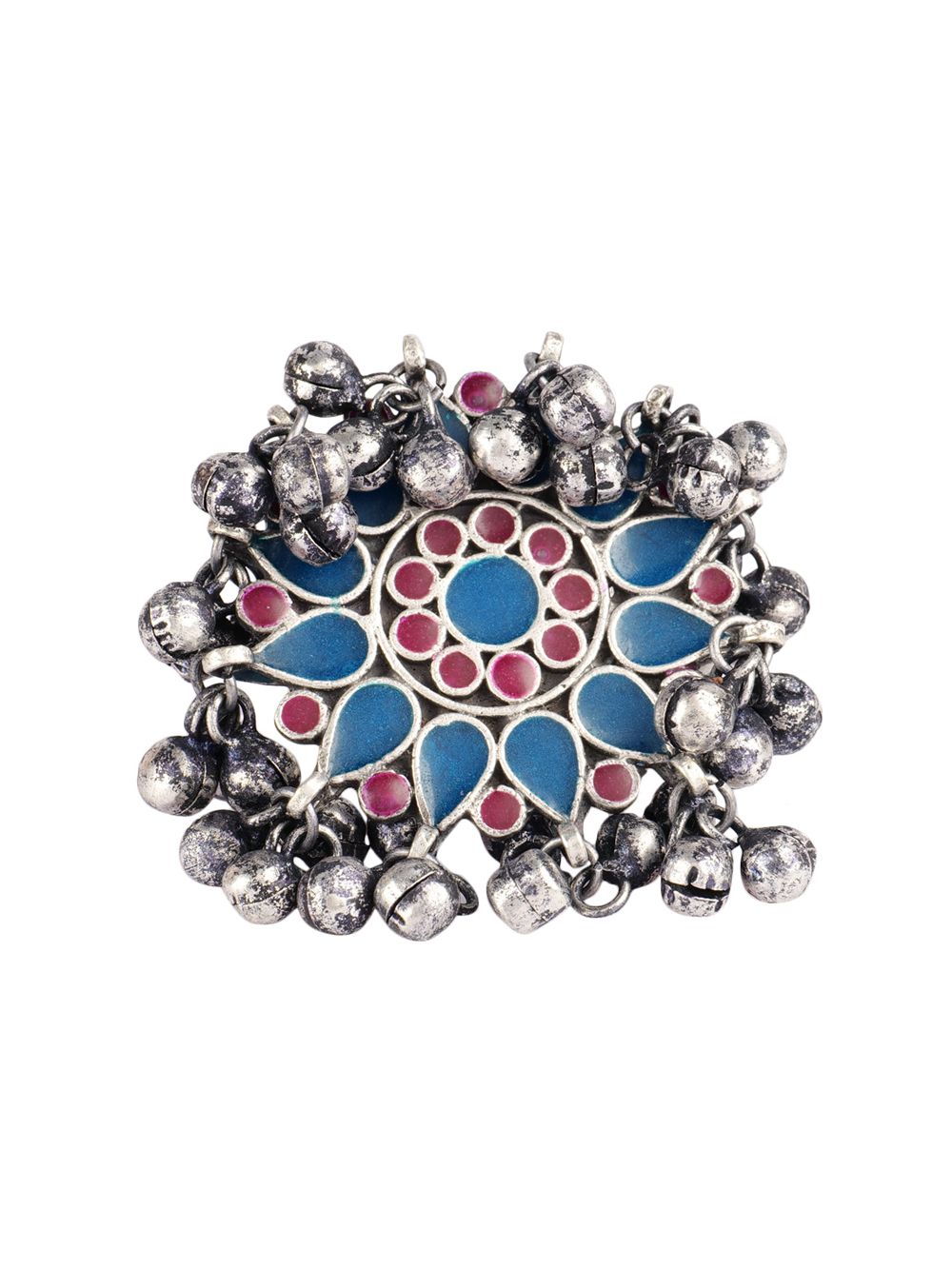 Blue Pink Silver Tone Tribal Brass adjustable enamel Ring