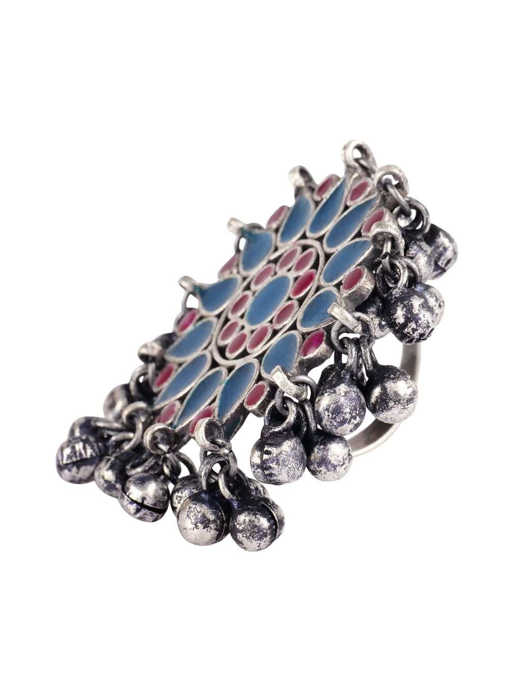 Blue Pink Silver Tone Tribal Brass adjustable enamel Ring