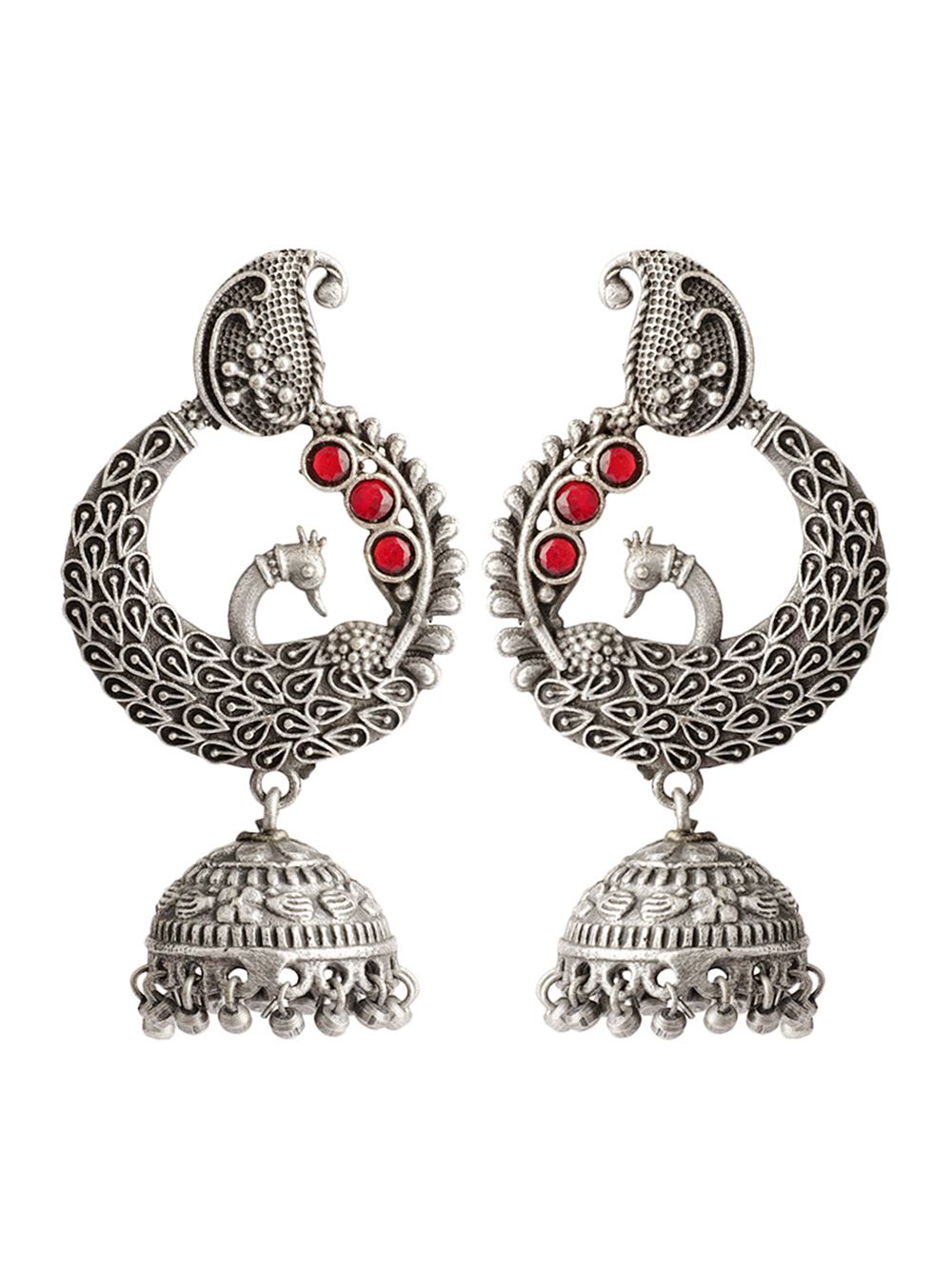 Red Handcrafted  Silver Tone  Brass Peacock Jhumki