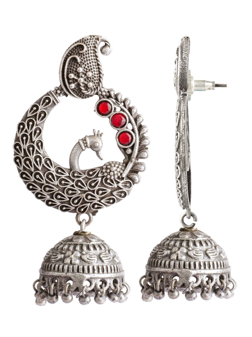 Red Handcrafted  Silver Tone  Brass Peacock Jhumki