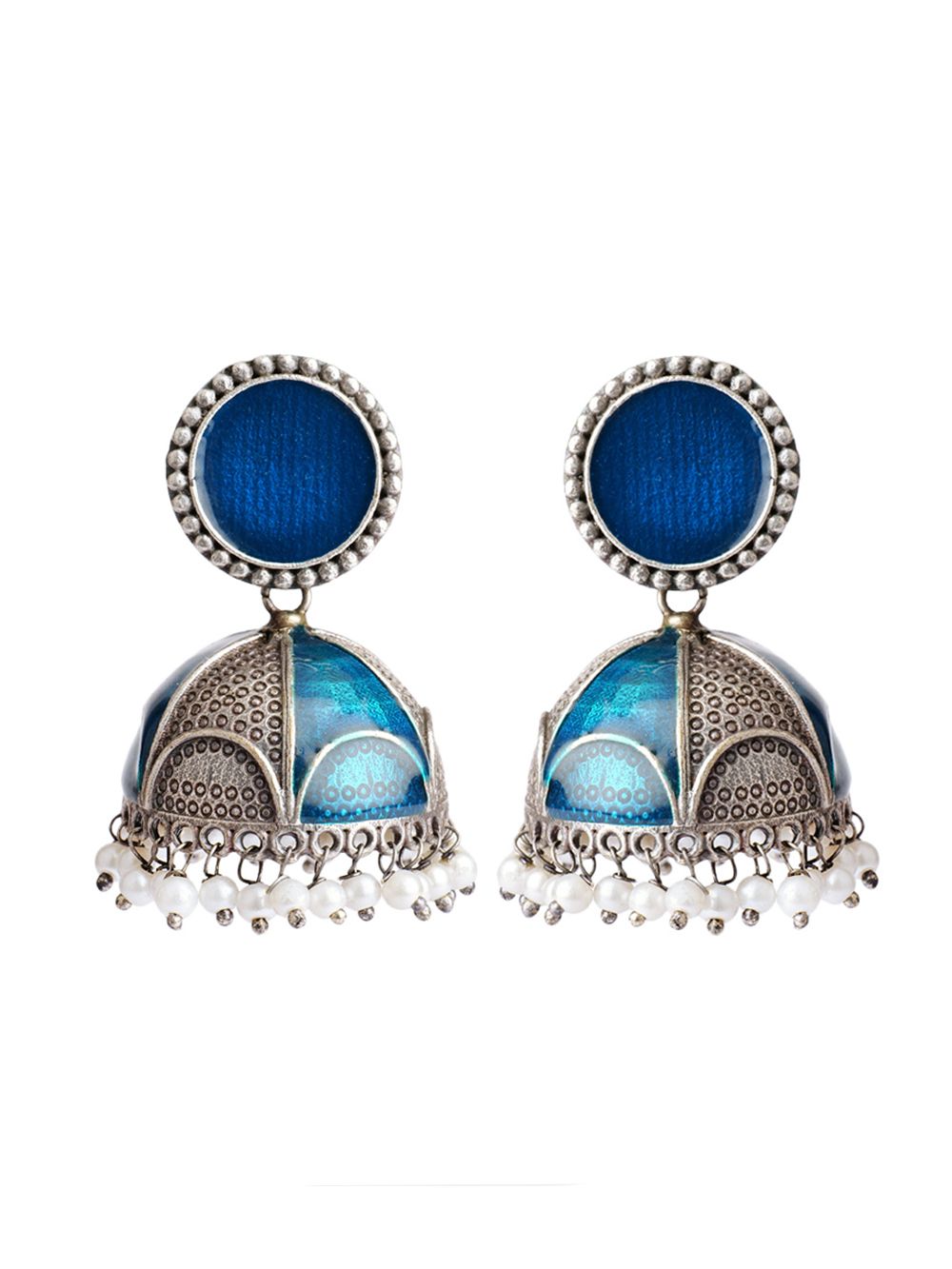 Blue Handcrafted  Silver Tone  Brass  Hand Painted Enamel Jhumki