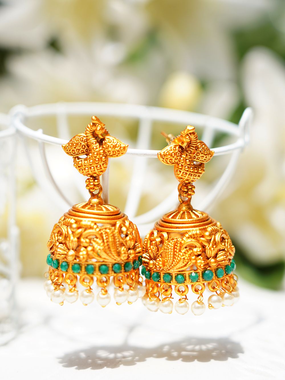 Green Handcrafted  matte Gold Temple Jhumki