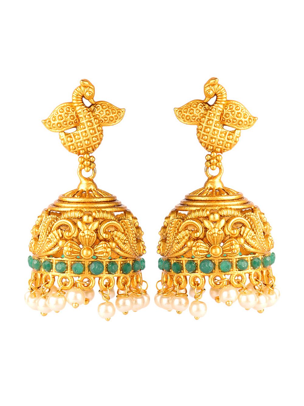 Green Handcrafted  matte Gold Temple Jhumki