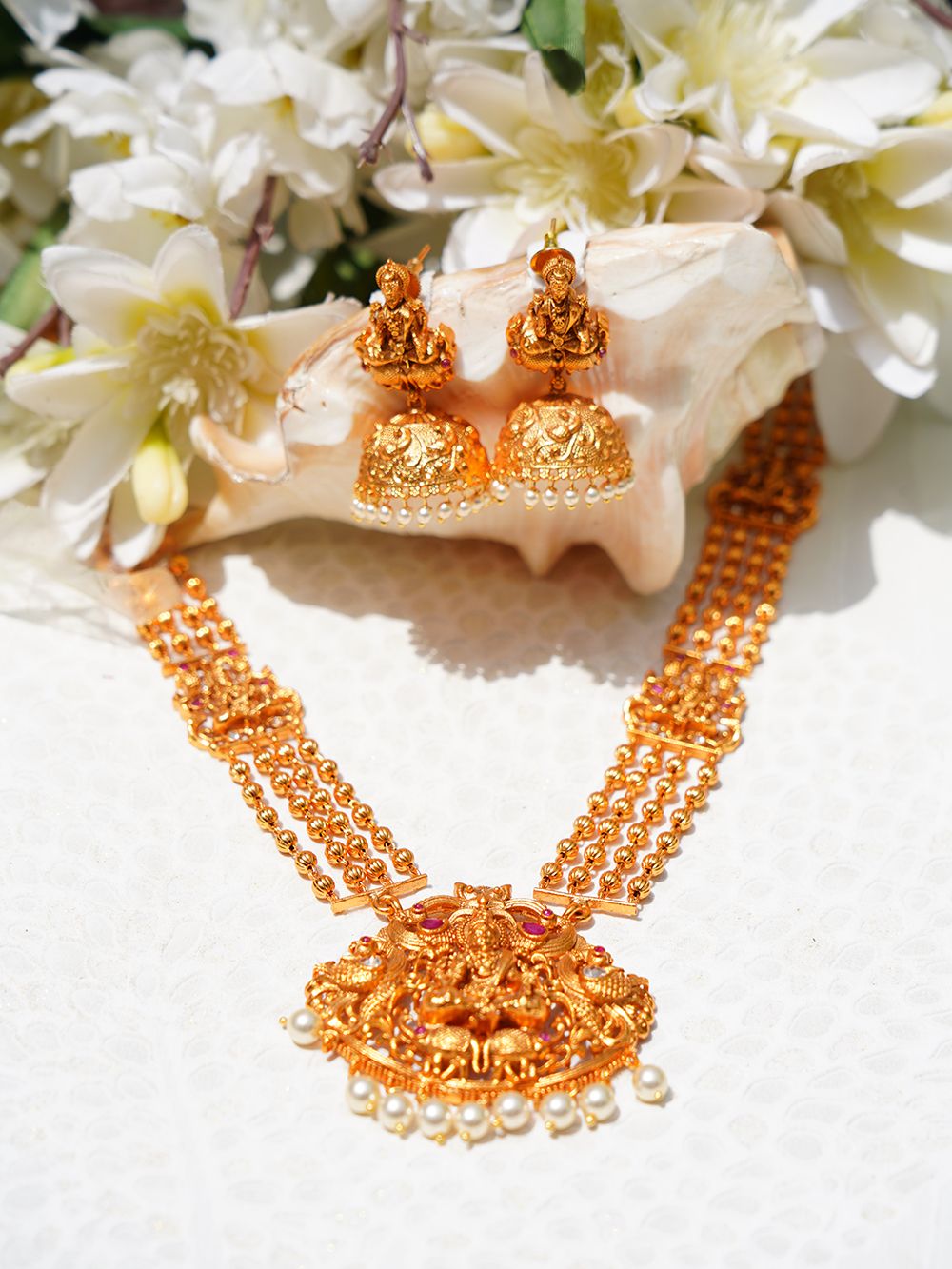 Gold Tone  Set Of Temple Necklace & Earrings ( Set of 2)