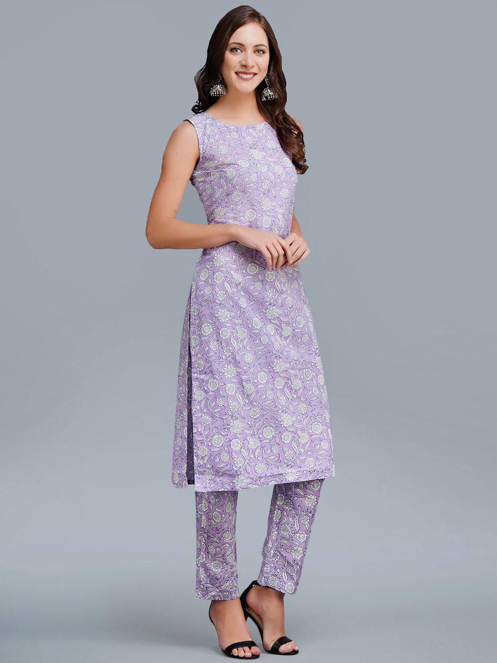 Purple Cotton Block Printed Sleeveless Kurta