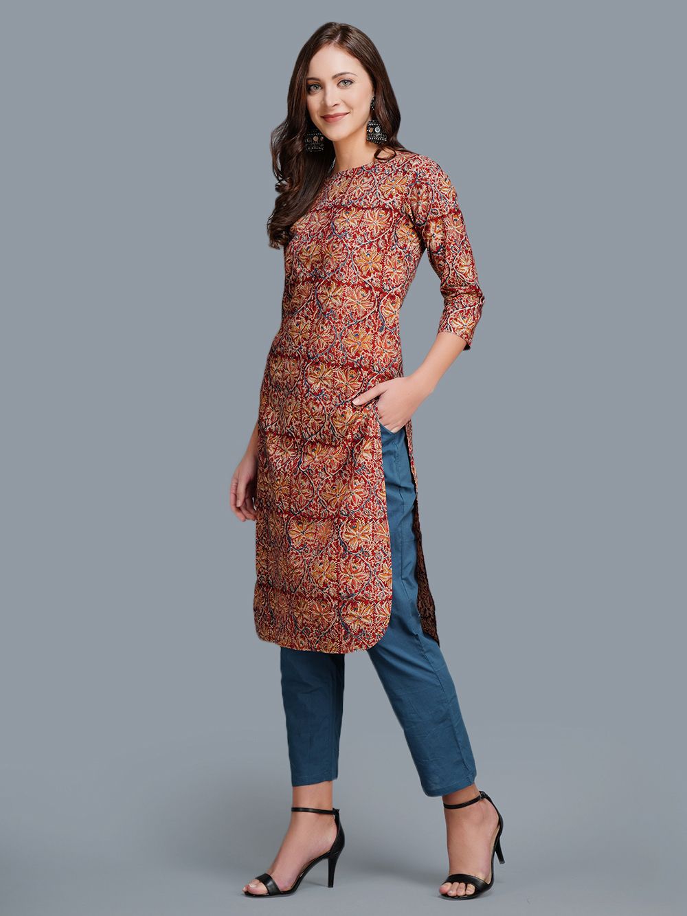 Red Cotton Block Printed  Kurta