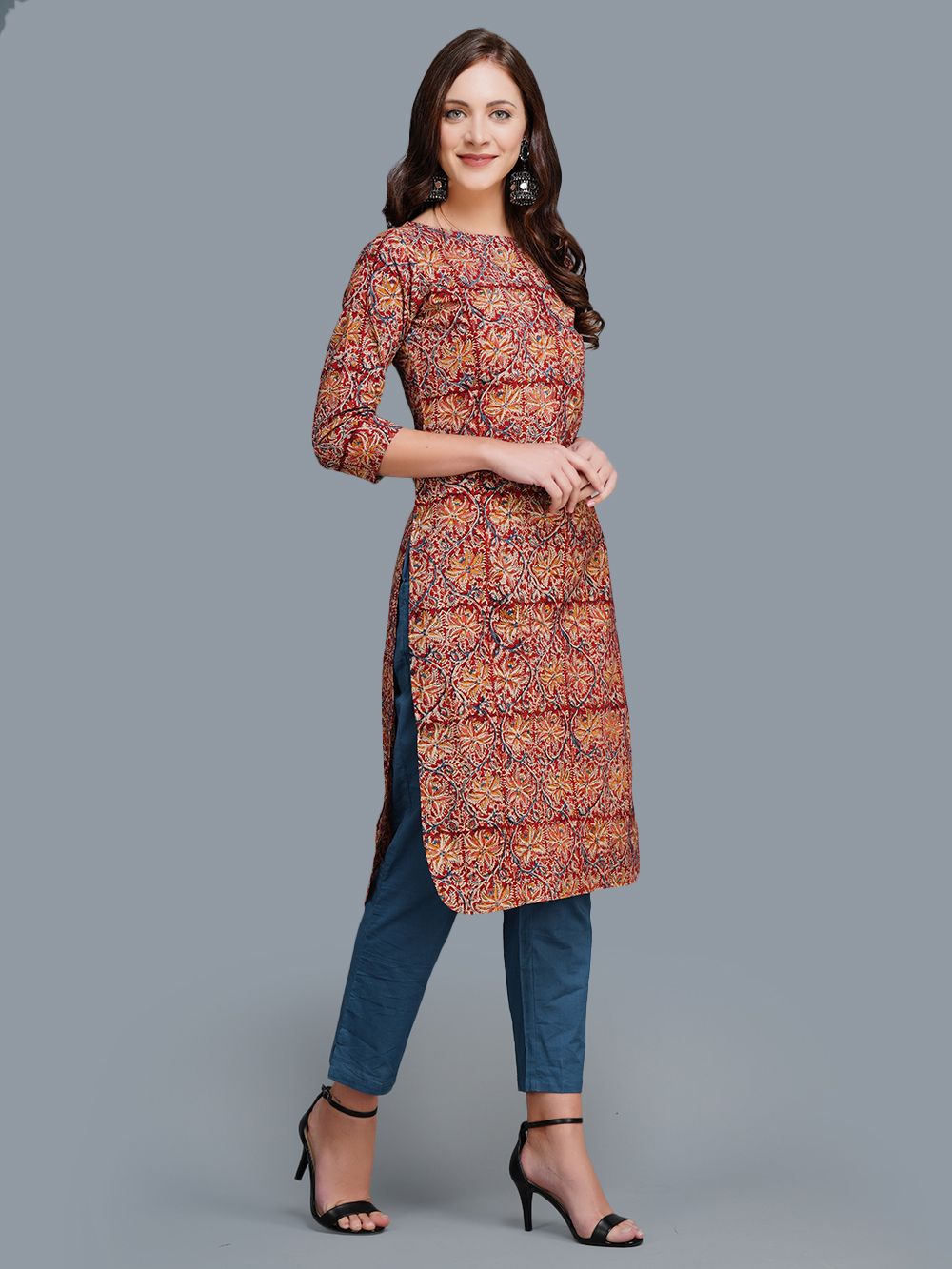 Red Cotton Block Printed  Kurta