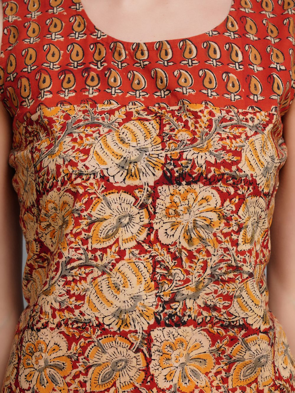 Red Cotton Block Printed  Sleeve less Short Top