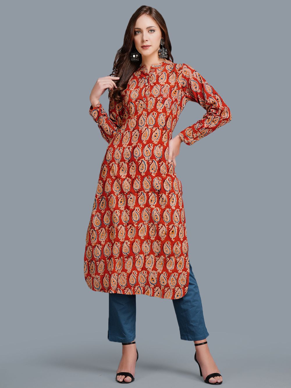 Red Cotton Block Printed  Kurta