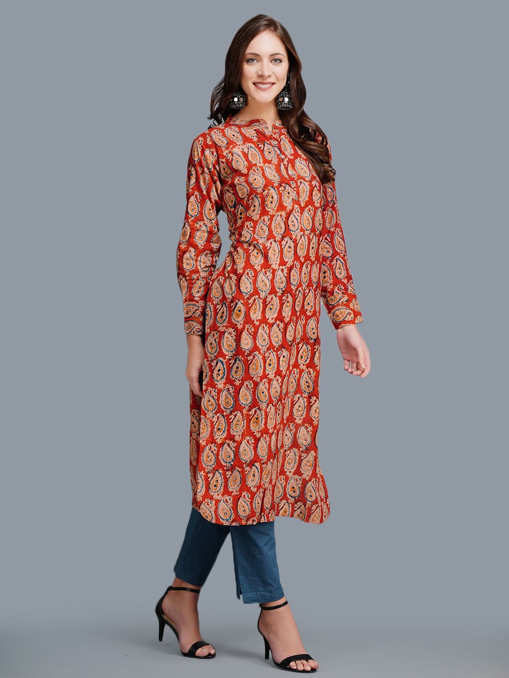 Red Cotton Block Printed  Kurta