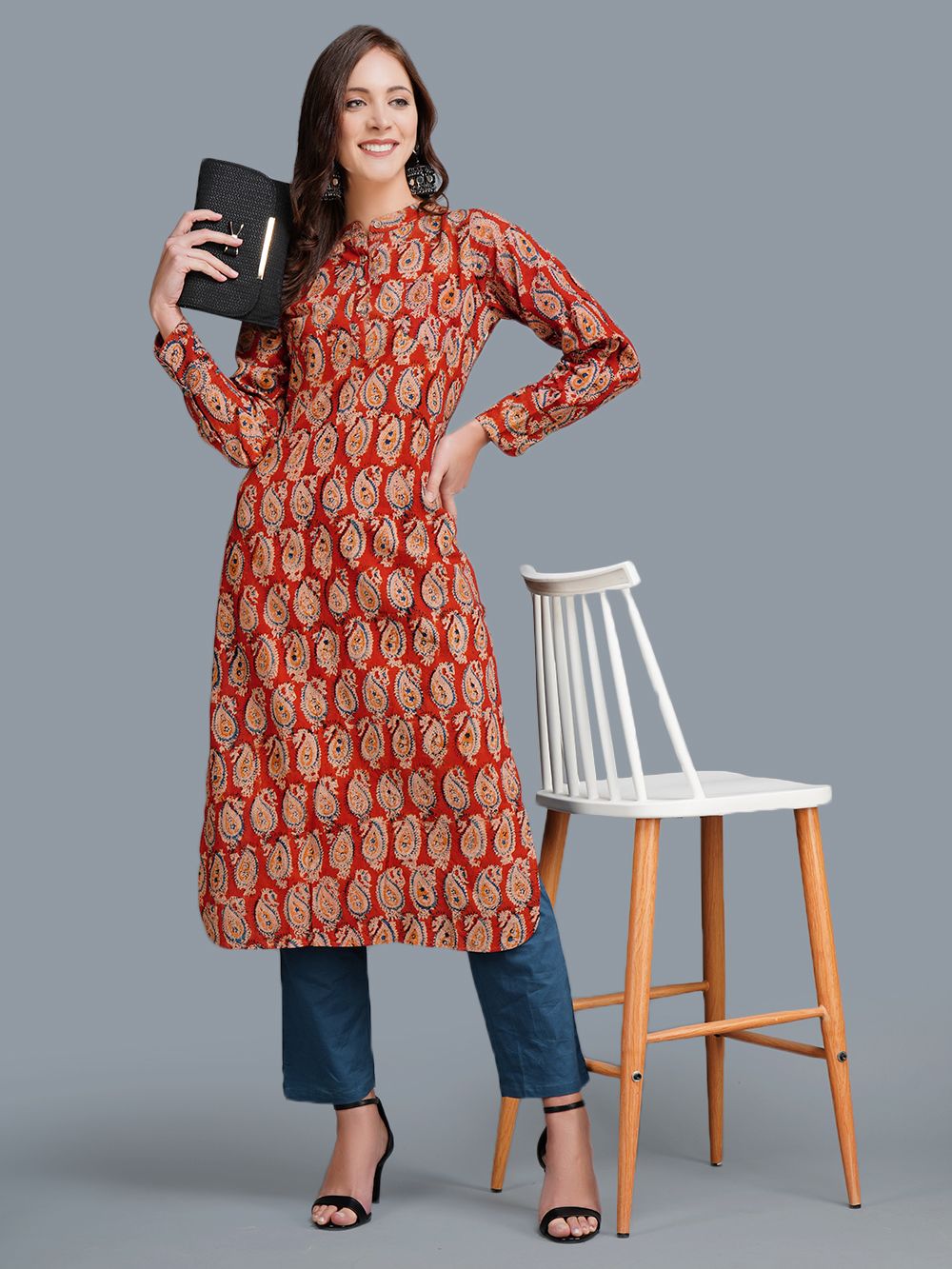 Red Cotton Block Printed  Kurta