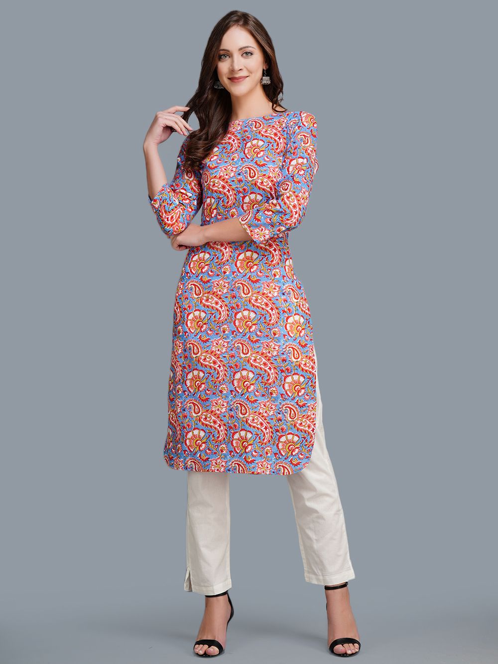 Blue Cotton Block Printed  Kurta