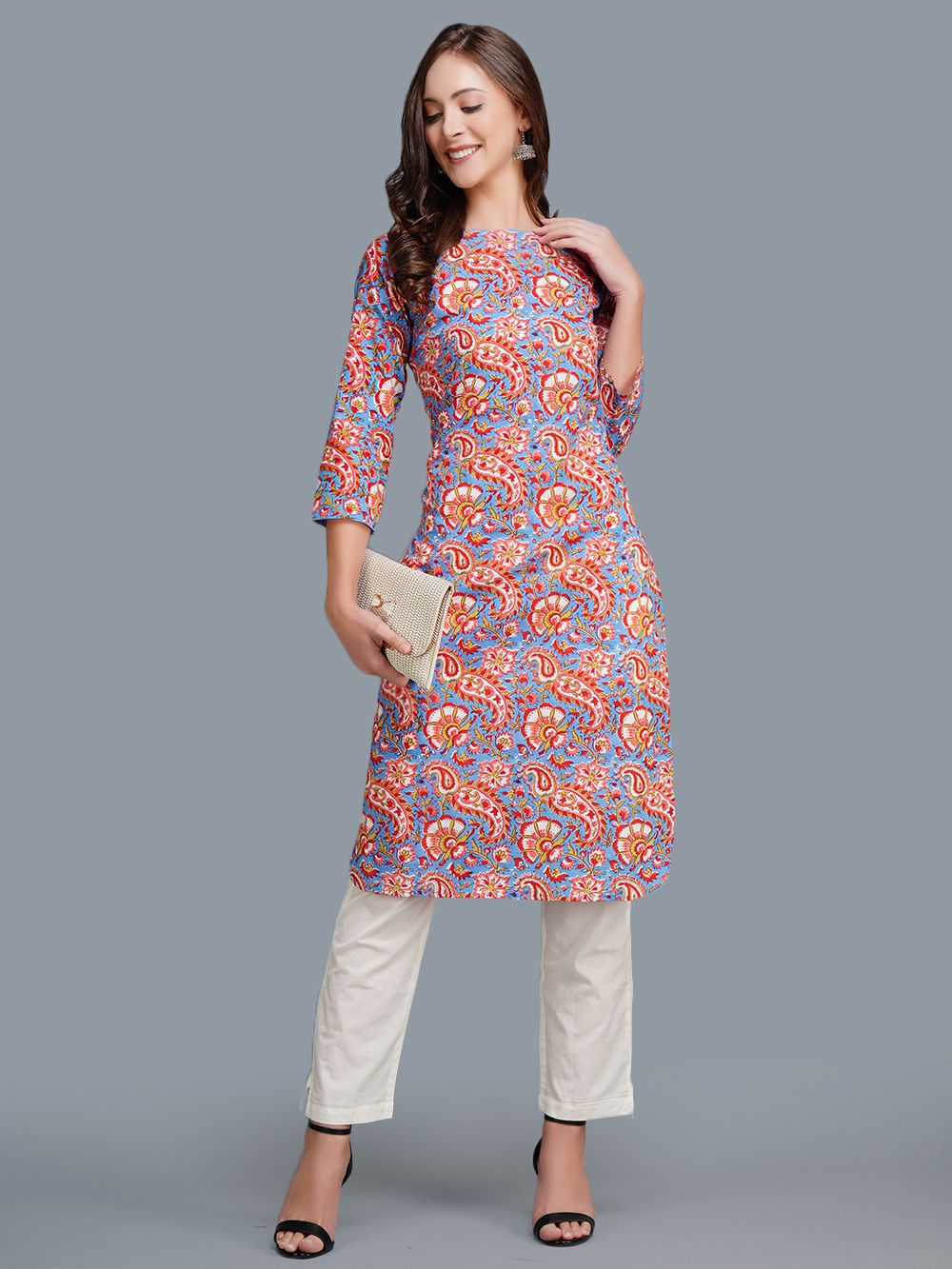 Blue Cotton Block Printed  Kurta