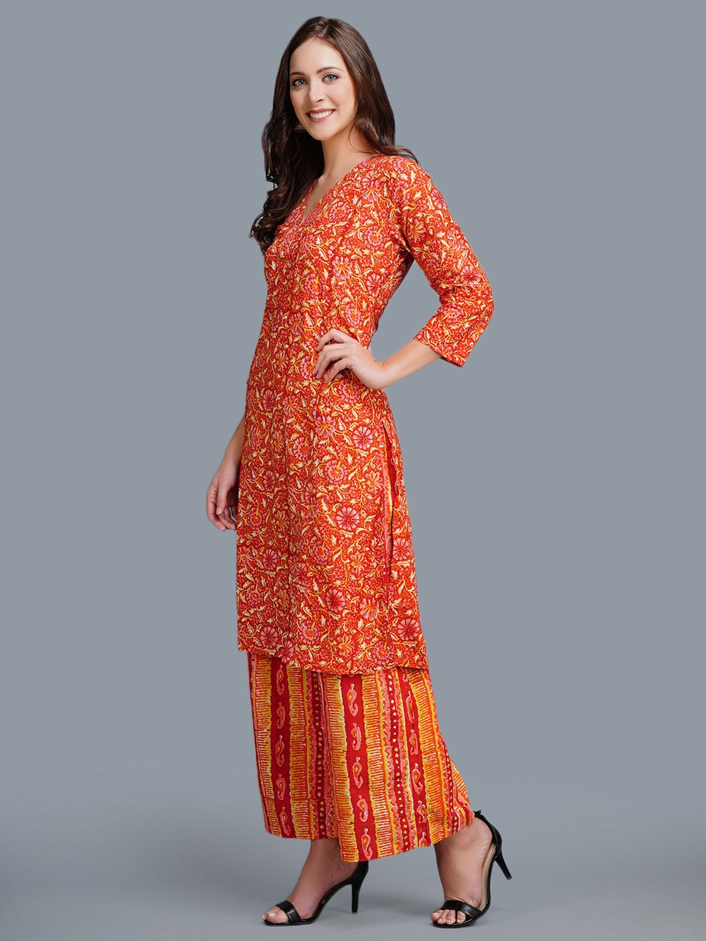 Red Cotton Block Printed  Kurta