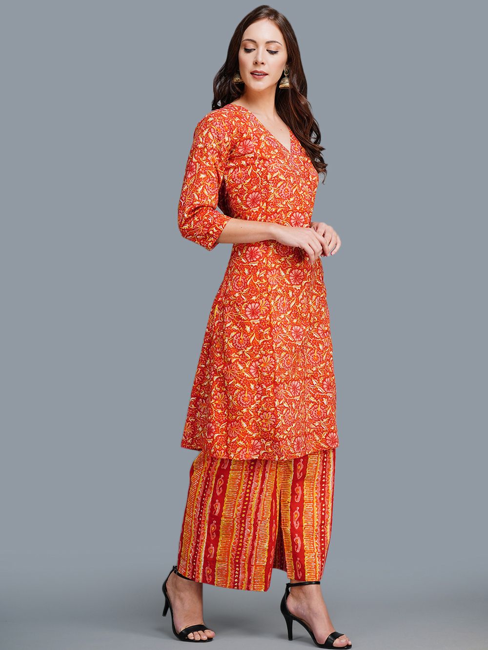 Red Cotton Block Printed  Kurta