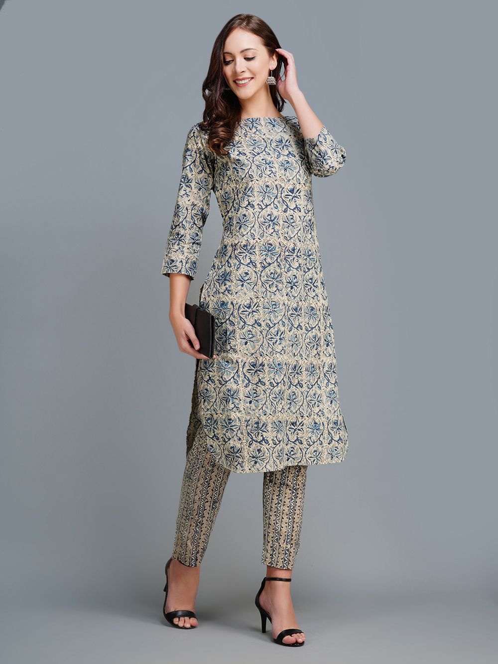 Blue Cotton Block Printed  Kurta