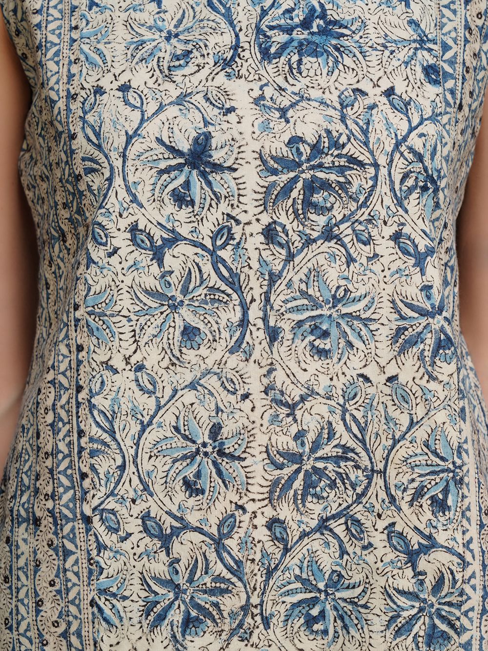 Blue Cotton Block Printed  Sleeve less Short Top