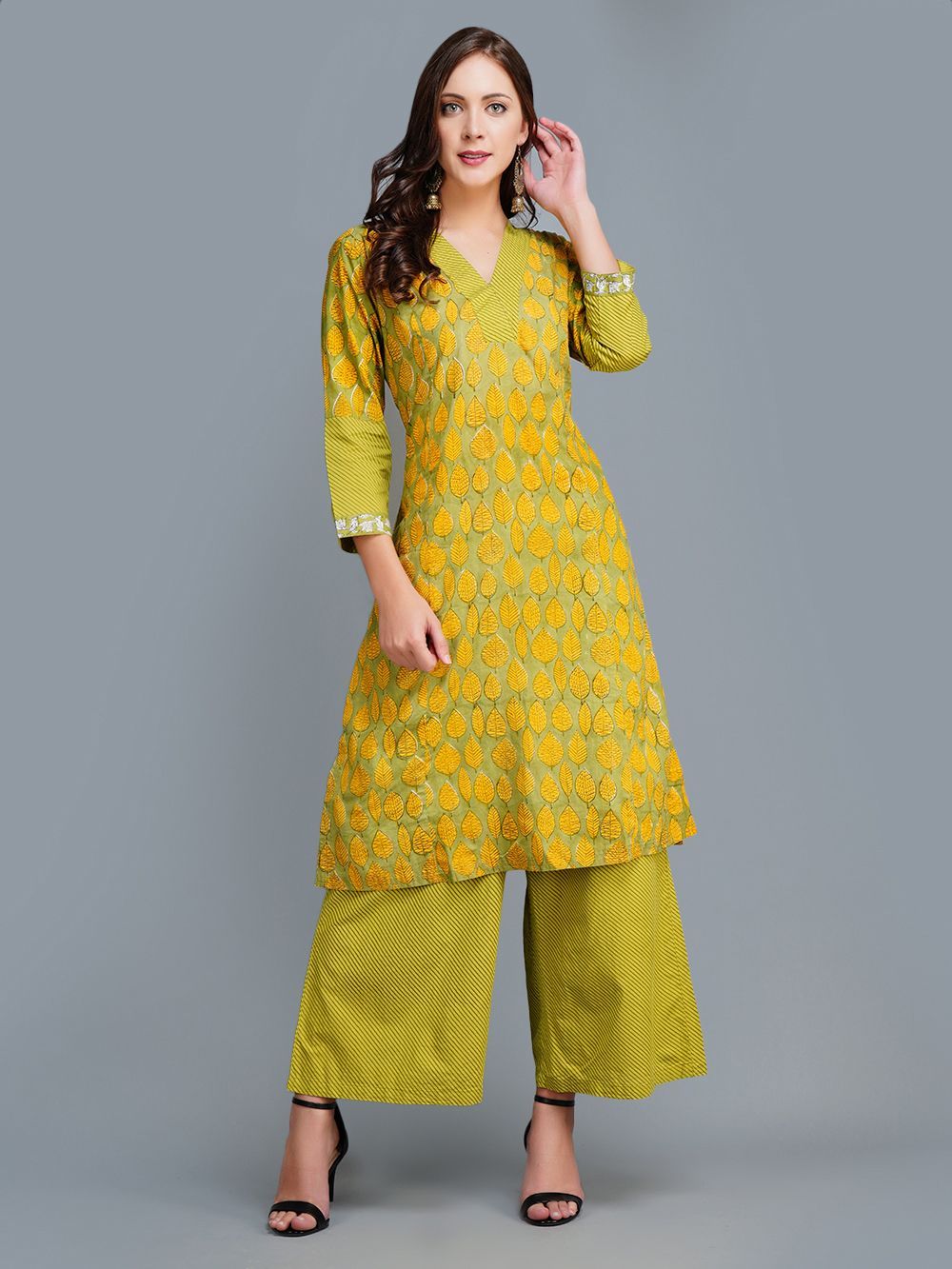 Green Cotton Block Printed  Kurta