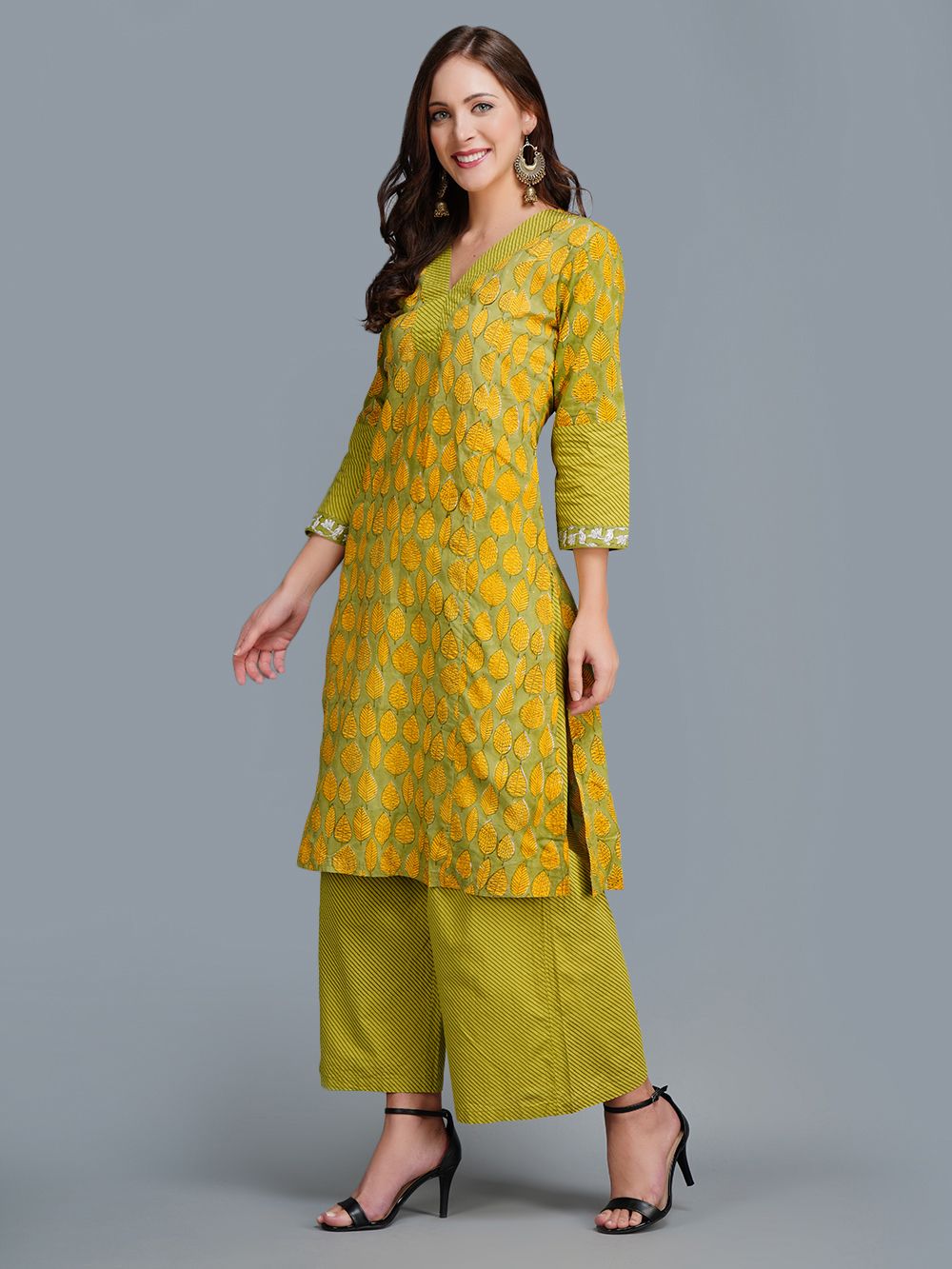 Green Cotton Block Printed  Kurta