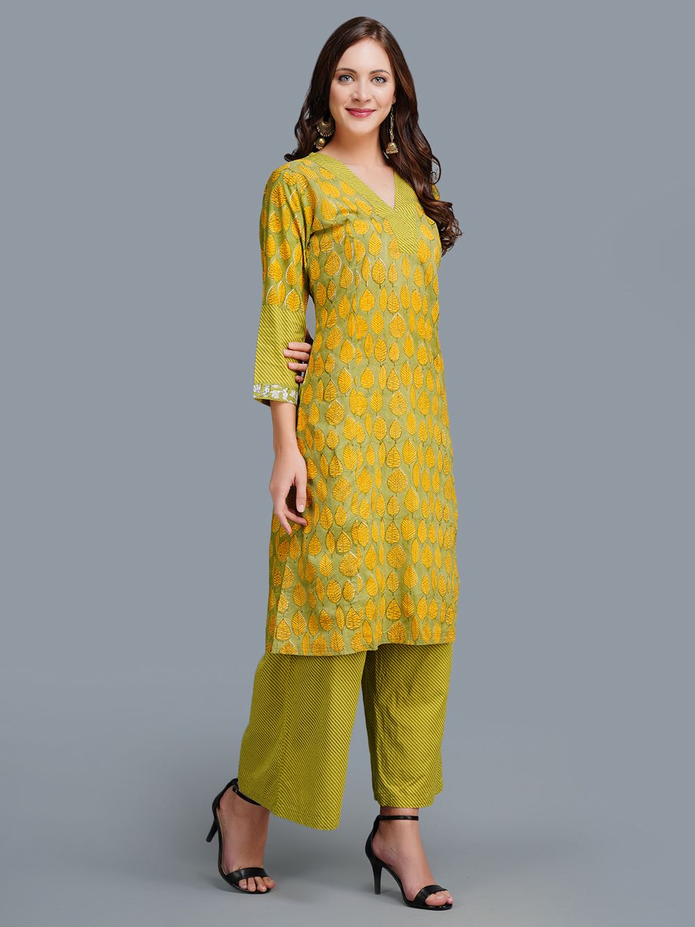 Green Cotton Block Printed  Kurta