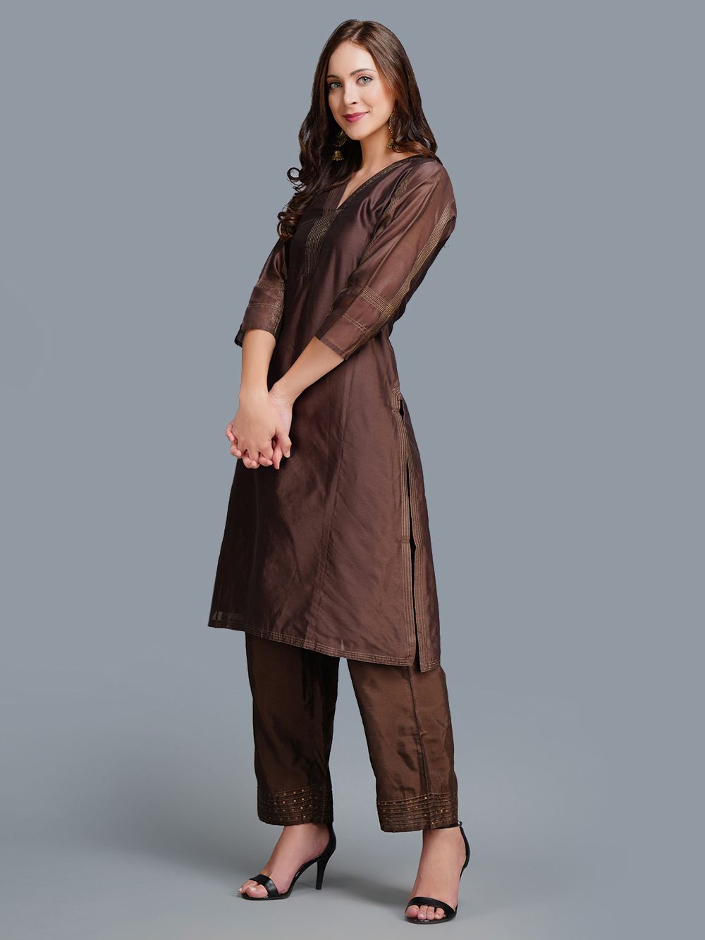 Brown Chaderi Silk V Neck Kurta