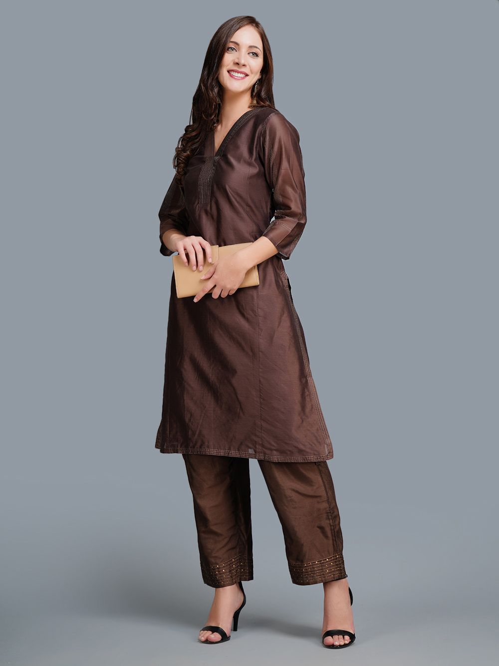 Brown Chaderi Silk V Neck Kurta