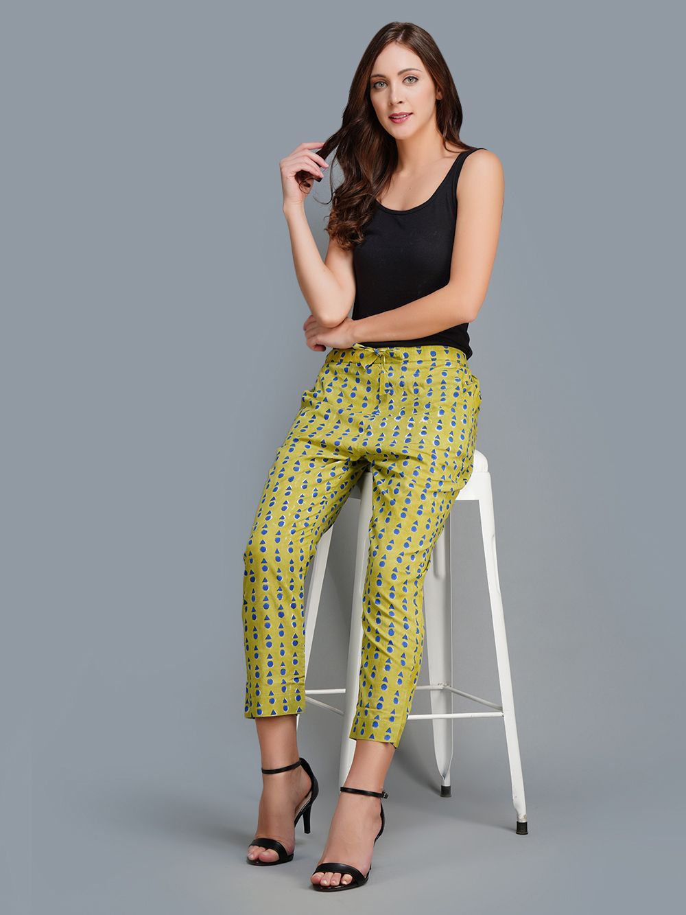 Green Cotton Block Printed Casual pants 