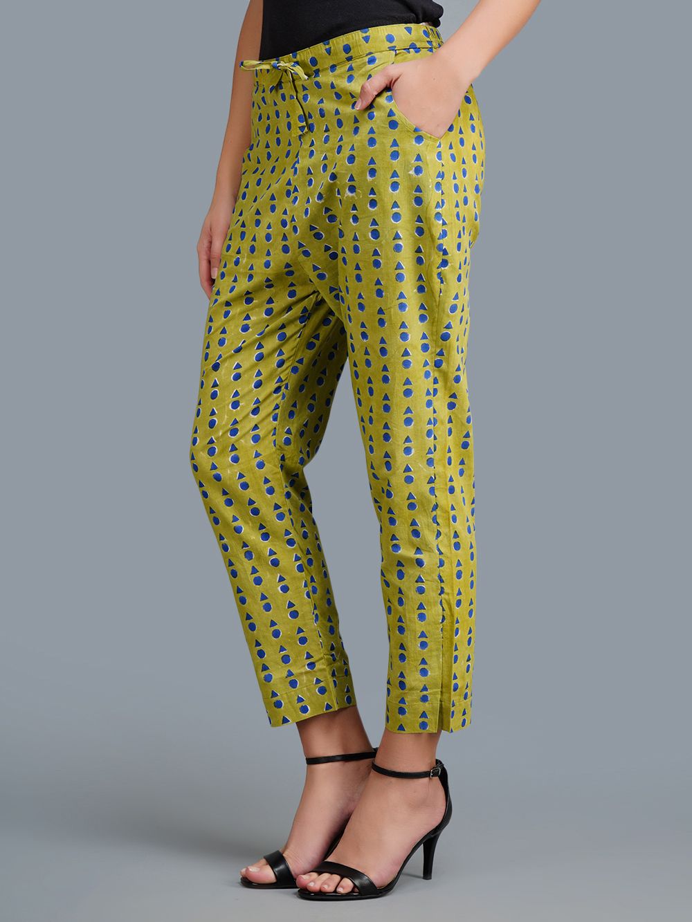 Green Cotton Block Printed Casual pants 