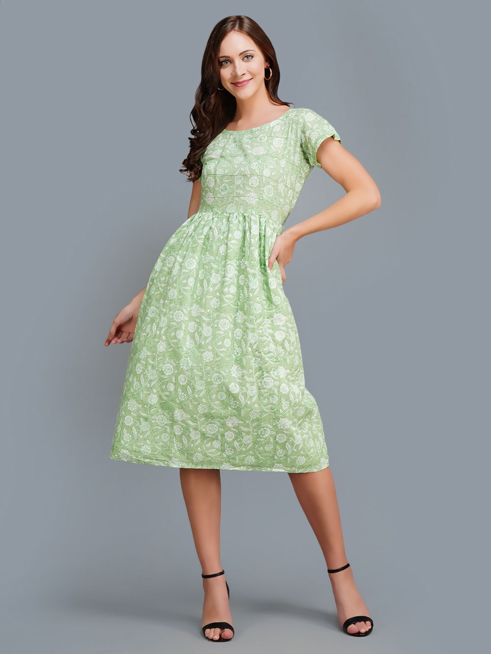 Green Handblock printed Cotton Dress