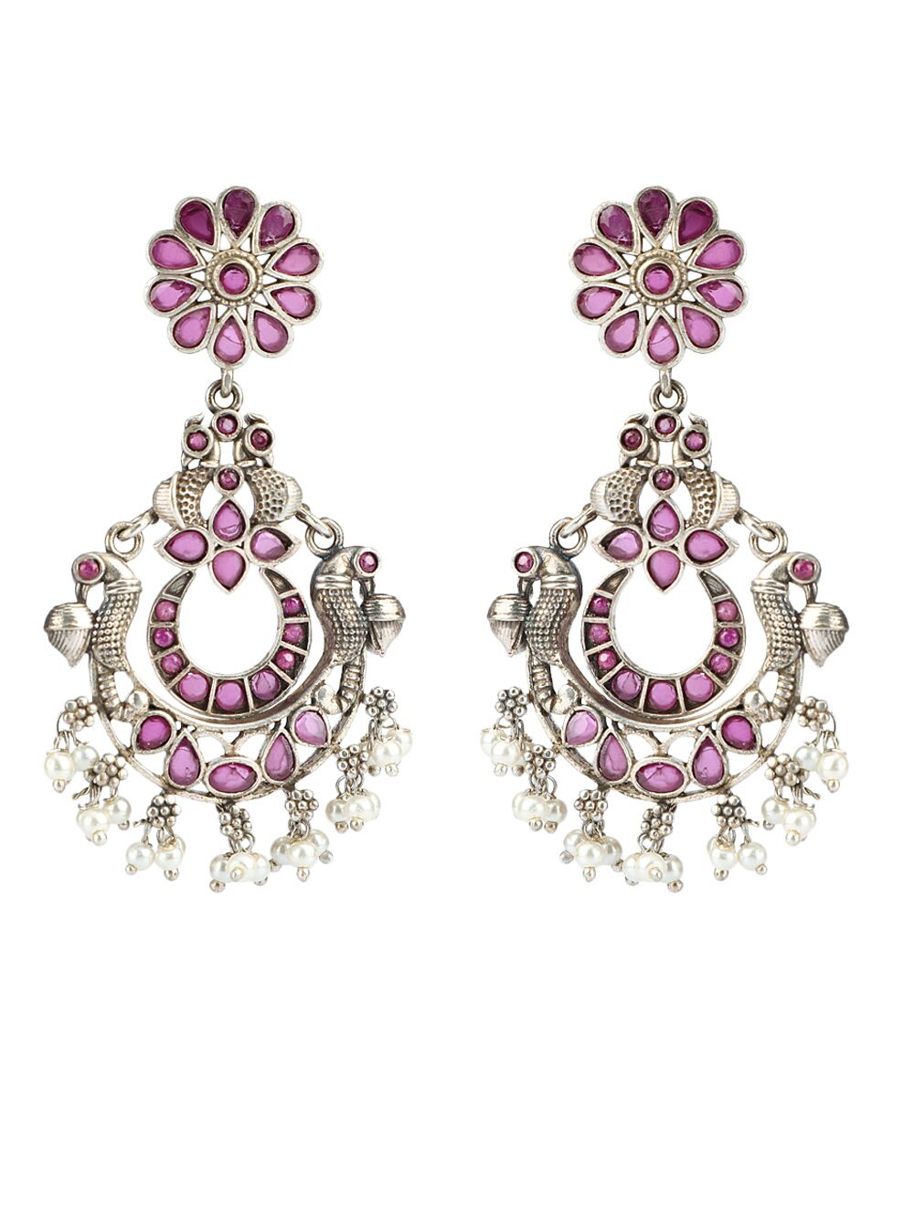 PINK SILVER TONE HANDCRAFTED BRASS EARRINGS