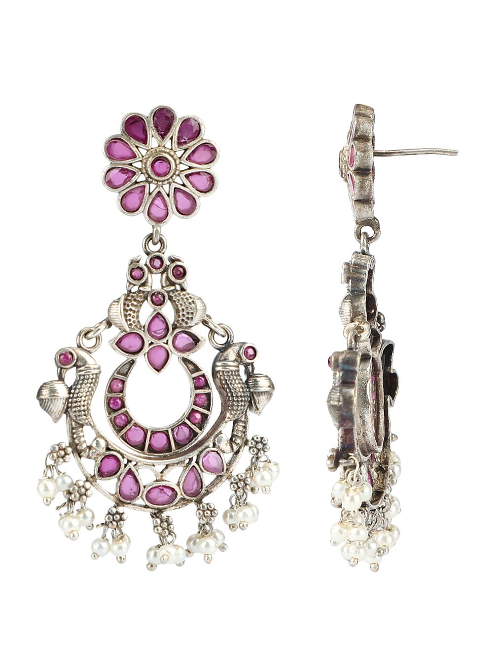 PINK SILVER TONE HANDCRAFTED BRASS EARRINGS