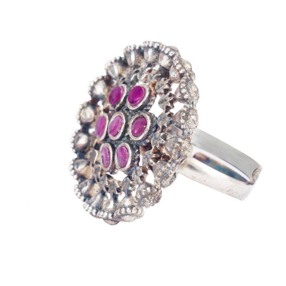 Pink Silver Tone Tribal Brass adjustable Ring