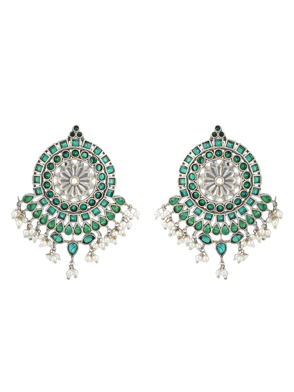 GREEN SILVER TONE HANDCRAFTED STUD EARRING