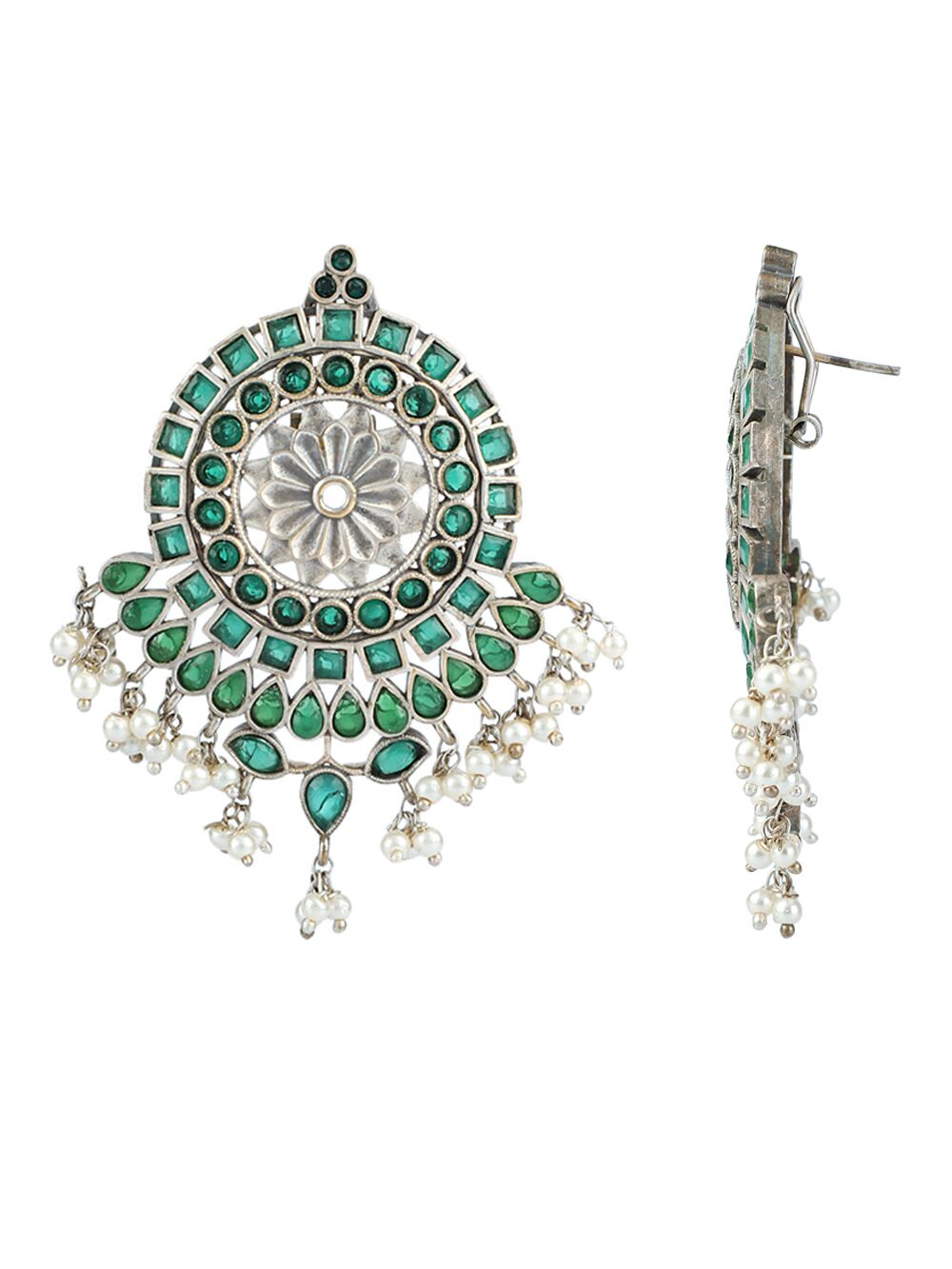 GREEN SILVER TONE HANDCRAFTED STUD EARRING