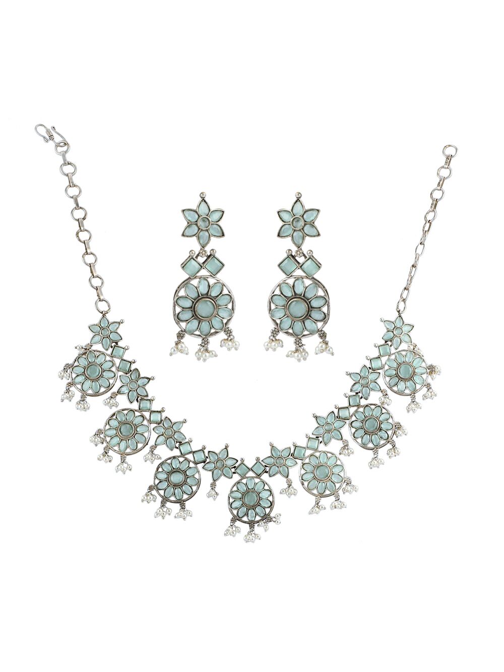 SILVER TONE HANDCRAFTED BRASS NECKLCAE WITH EARRINGS ( SET OF 2)