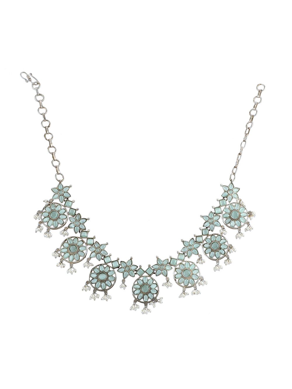 SILVER TONE HANDCRAFTED BRASS NECKLCAE WITH EARRINGS ( SET OF 2)