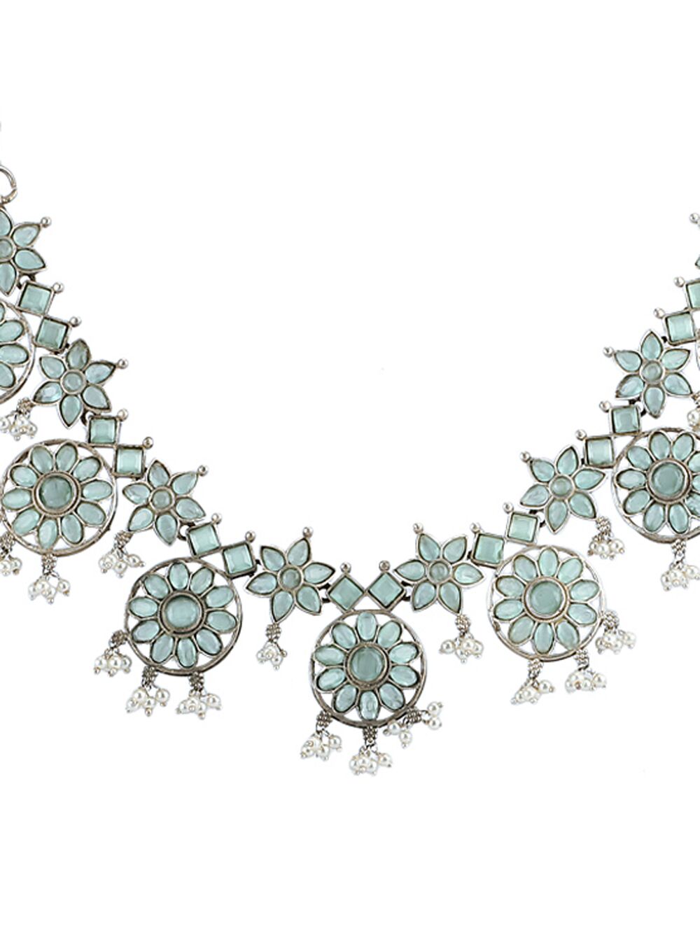 SILVER TONE HANDCRAFTED BRASS NECKLCAE WITH EARRINGS ( SET OF 2)