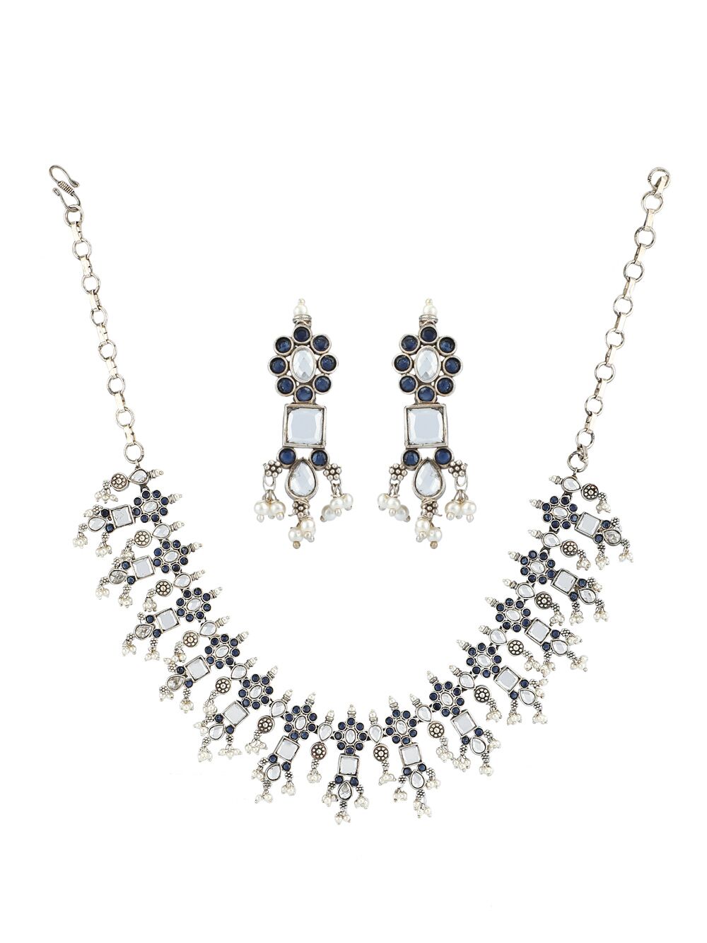 SILVER TONE HANDCRAFTED BRASS NECKLCAE WITH EARRINGS ( SET OF 2)